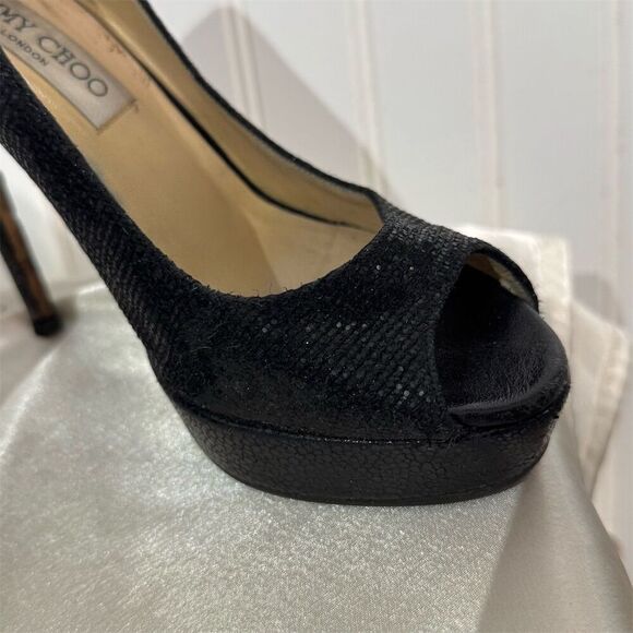 Jimmy Choo Black Glitter Peep Toe Platform Pumps Size 7 US Heels Made in Italy - Picture 9 of 15